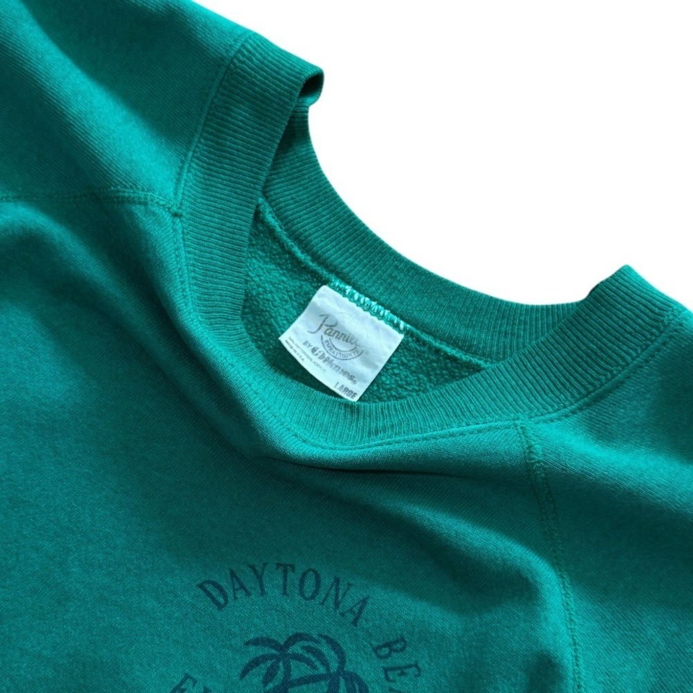 Vintage 80s Pannill Daytona Beach Florida USA Teal Raglan Surf Palm Tree Sweater - Picture 6 of 8